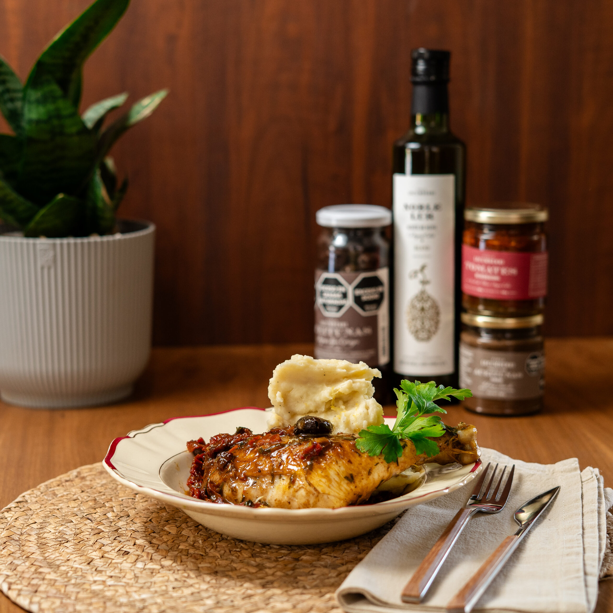 Pollo dorado con aceitunas negras, tomates secos y limón